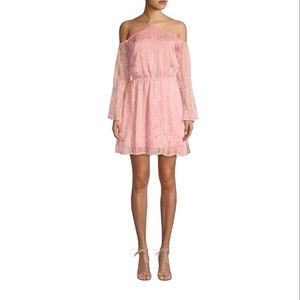 J.O.A Pink Embroidered Cold-shoulder Blouson Dress with Tassels.